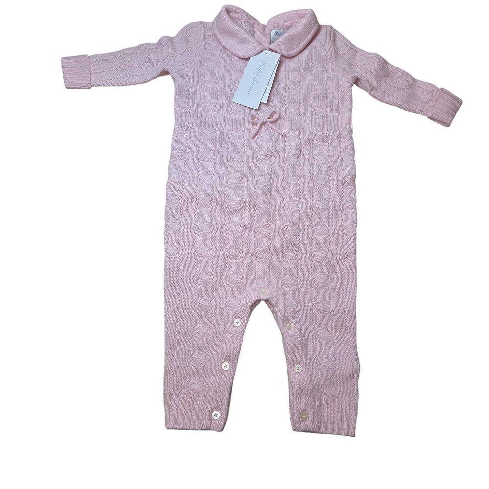 Ralph Lauren Coverall Girls 9M Pink Cable Knit Italian Yarn Bow Collar Luxe Cozy - Picture 8 of 8